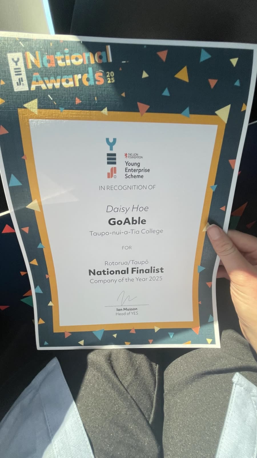 Young Enterprise Scheme National Finalist certificate for Daisy Hoe and Go Able, 2025