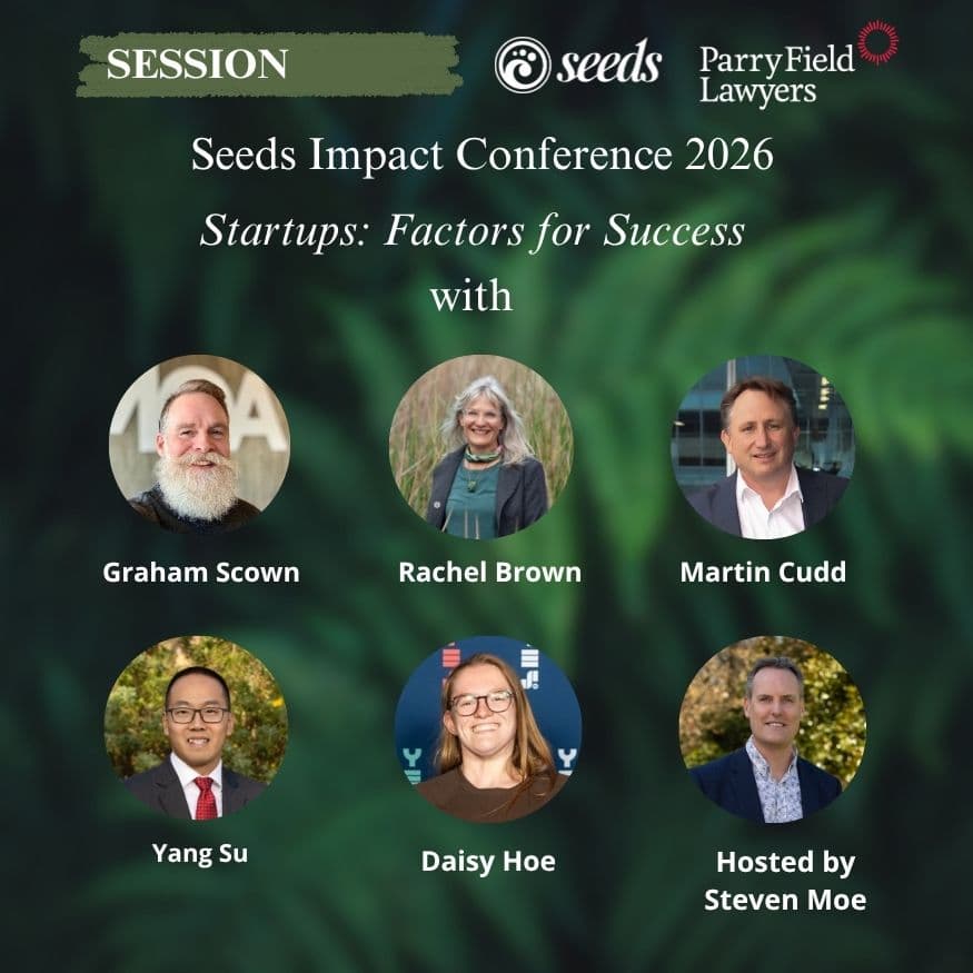 Seeds Impact Conference graphic for Startups: Factors for Success, with Daisy Hoe among the panel