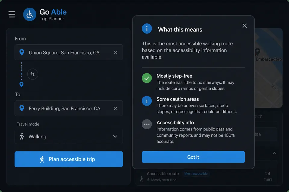 Trip planner with a What this means accessibility explanation